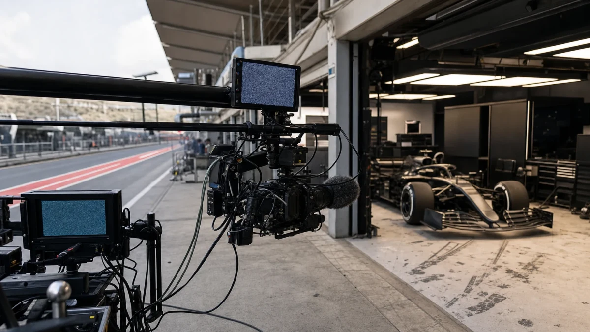 Tv-kamera på kranarm med monitor och riktmikrofon i depågatan, med en formelbil i garaget bakom.