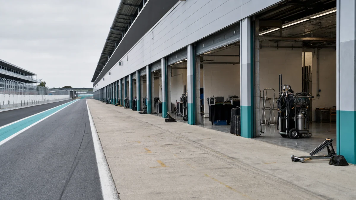 Depåfil med uppfällda garageportar och utrustning uppställd inför ett träningspass.
