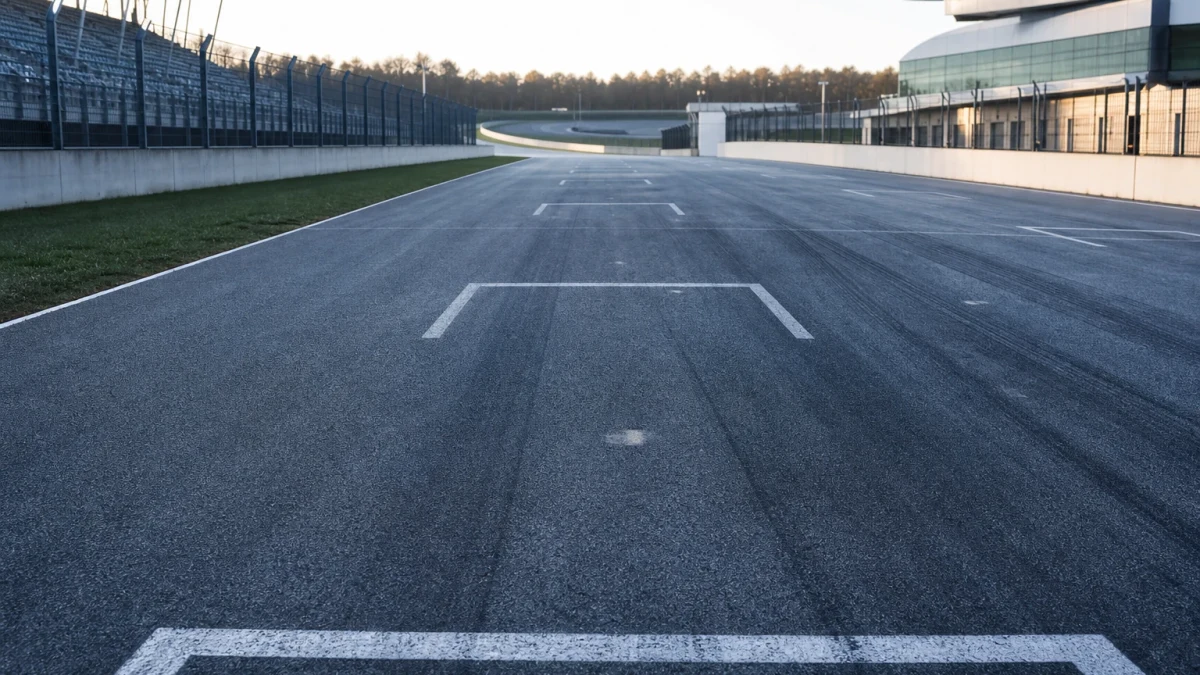 Tomma startrutor målade på asfalten längs en racerbanas startraka i tidig morgonsol.