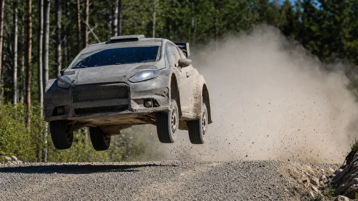 Rallybil som kastar upp grus på en specialsträcka i skogen