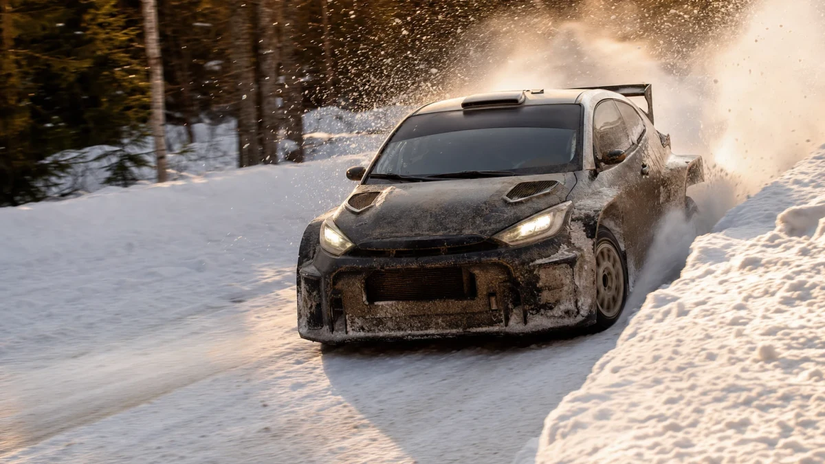 Rallybil på snötäckt skogsväg i motljus, med ett moln av uppyrd snö bakom bakvagnen.